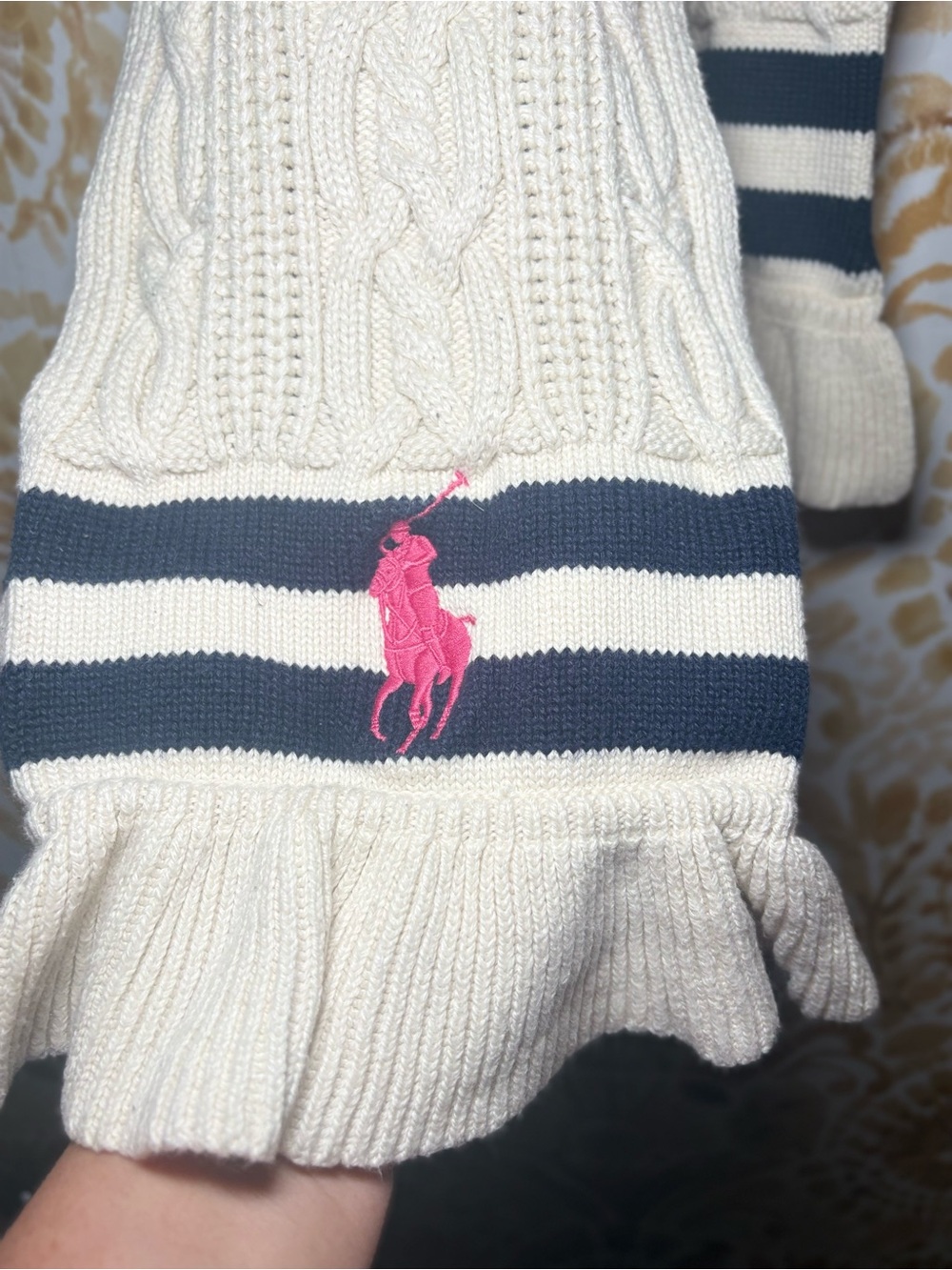 Polo Ralph Lauren Cable Knit Scarf Cream Navy Stripe Ruffle Trim Pink Pony Soft - Picture 4 of 9